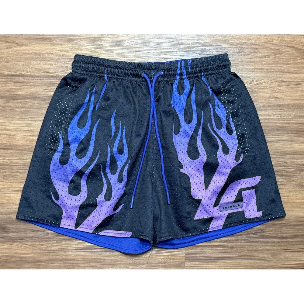 YoungLA Mens Reversible Mesh Flame Gym Athletic Shorts Black Purple YLA Sz S
